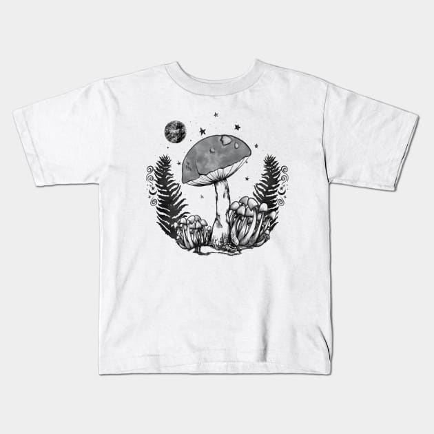 Foraging Mushroom on the Forest Floor Line drawing Kids T-Shirt by Bessette Art